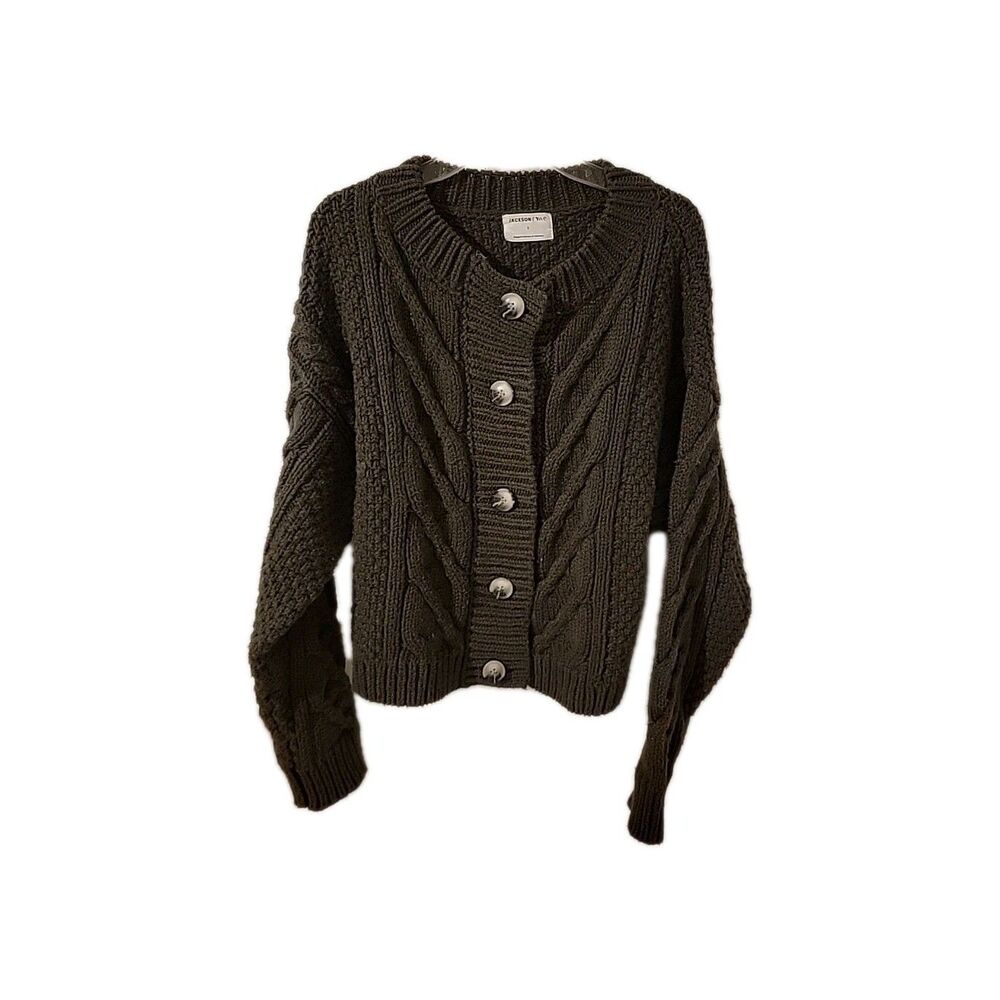French Connection Lissie Cable-Knit Cropped Cardigan Sweater - Small -Olive knit
